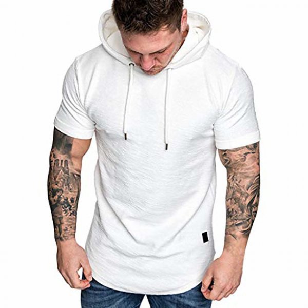 Men's Slim Fit Casual T-Shirt Popular Fashion Short Sleeve Hoodie Top Heavyweight Athletic Drawstring T-Shirt White