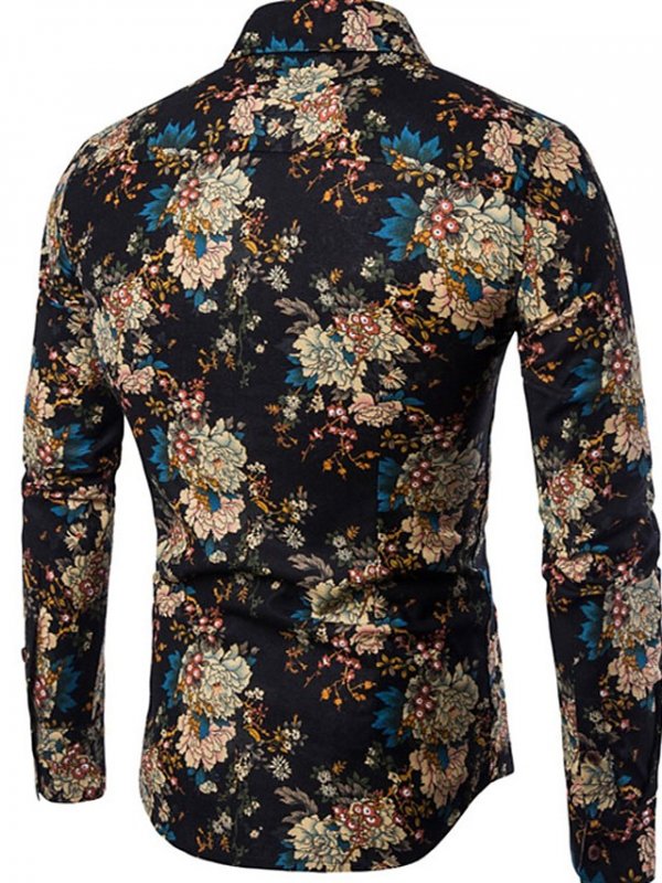 Men's Floral Shirt Print Long Sleeve Going Out Slim Tops Linen Boho Spread Collar Black/Club