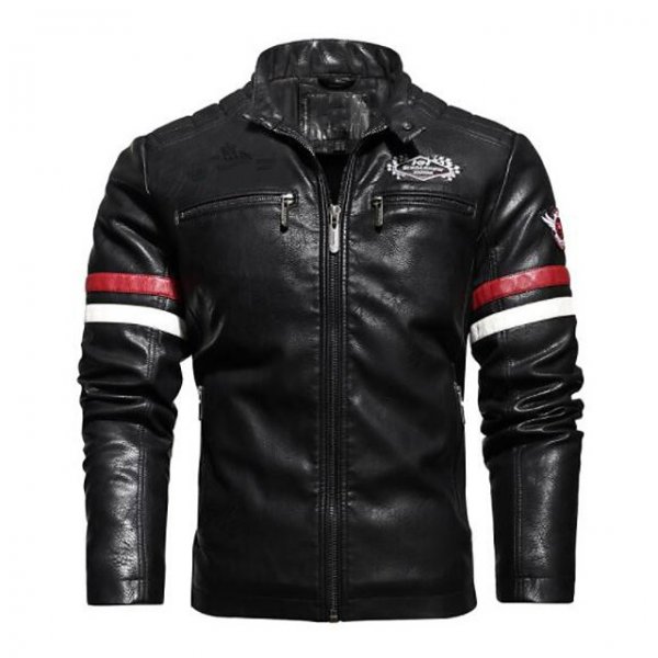 Mens Cafe Racer Black Leather Jacket Vintage Motorcycle Red Stripes Biker Fight Mayhem Jacket